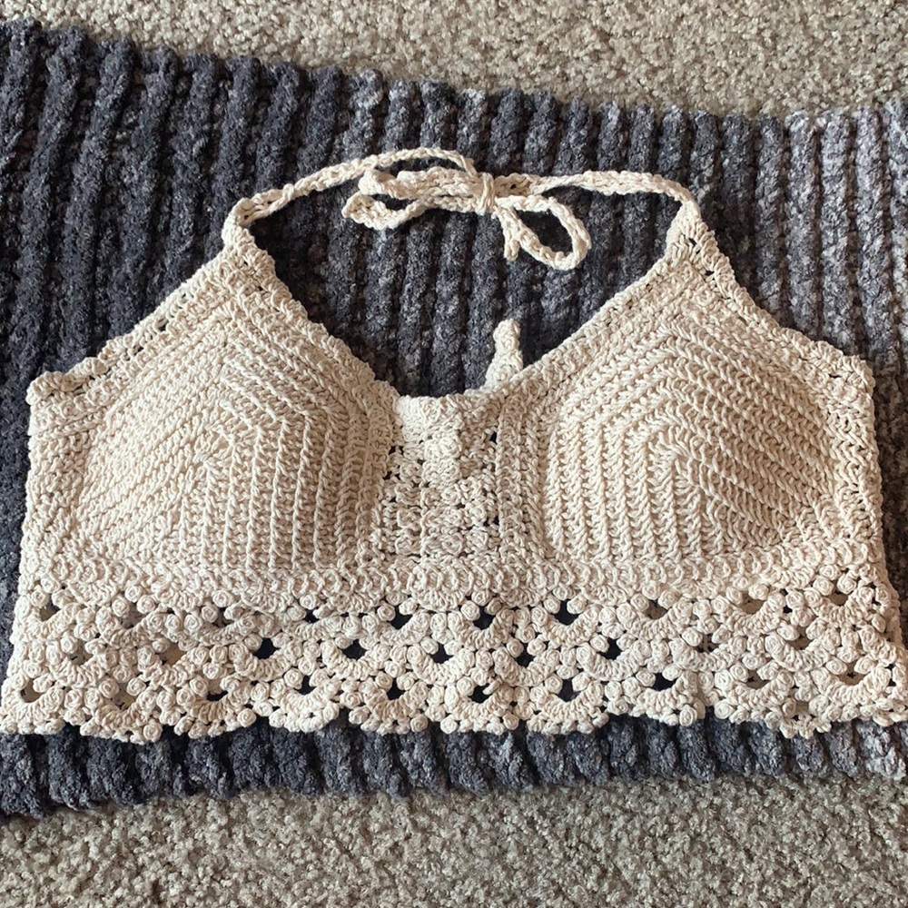 Small, crocheted bra, Tan ties in back and top